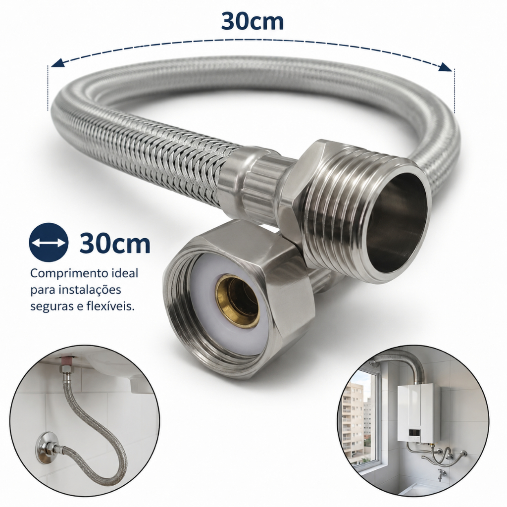Engate rabicho Flexível Inox 30cm para Torneira / Caixa Acoplada / Aquecedor – Alta Resistência