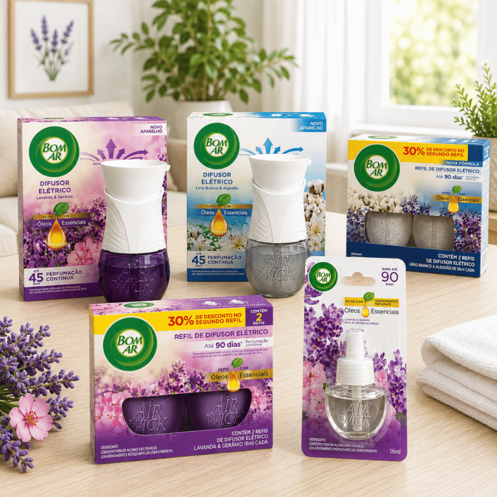 Aparelho e/ou Refil Bom Ar Difusor Elétrico Lavanda, Algodão, Framboesa – Cheirinho de casa, Perfume