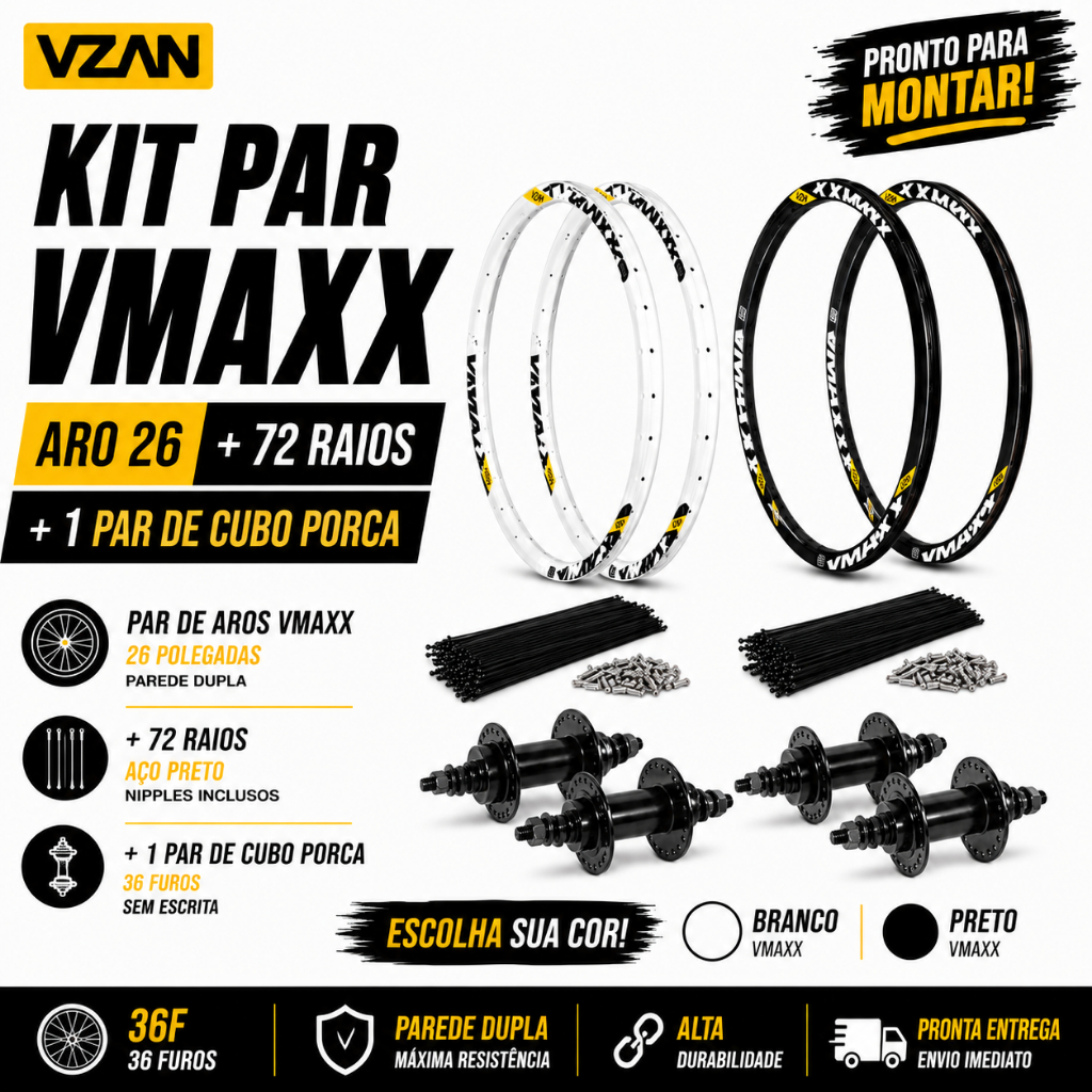 Par 2 Aro Vzan Vmaxx Aro 26 Reforçado SL Paredão Freio A Disco + Raios Pretos + Cubos Aço 36F