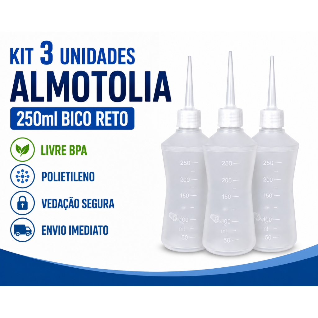 Kit 3 und Bisnaga Frasco Almotolia 250ml Para Líquidos e Fluidos C/ Bico Reto Aplicador e Tampa