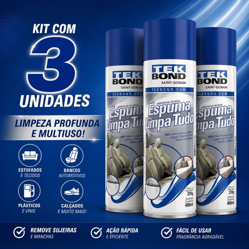 Kit 3 Espuma Limpa Tudo Multiuso 400ml Tekbond Sofá Banco Carro Poltrona Estofados