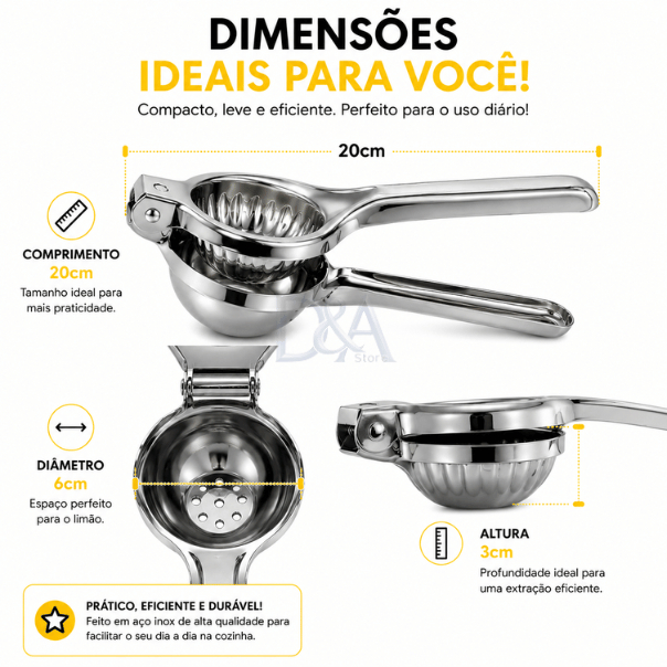 Detalhes do Espremedor Limão Manual Inox Premium Resistente Filtro Sem Sementes