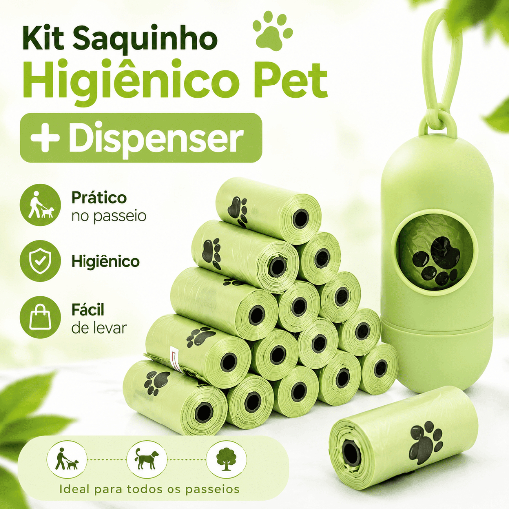 Sacola Coletora de Fezes de Pet Biodegradável + Estojo Portátil Cápsula, Para Passeios com Cachorro