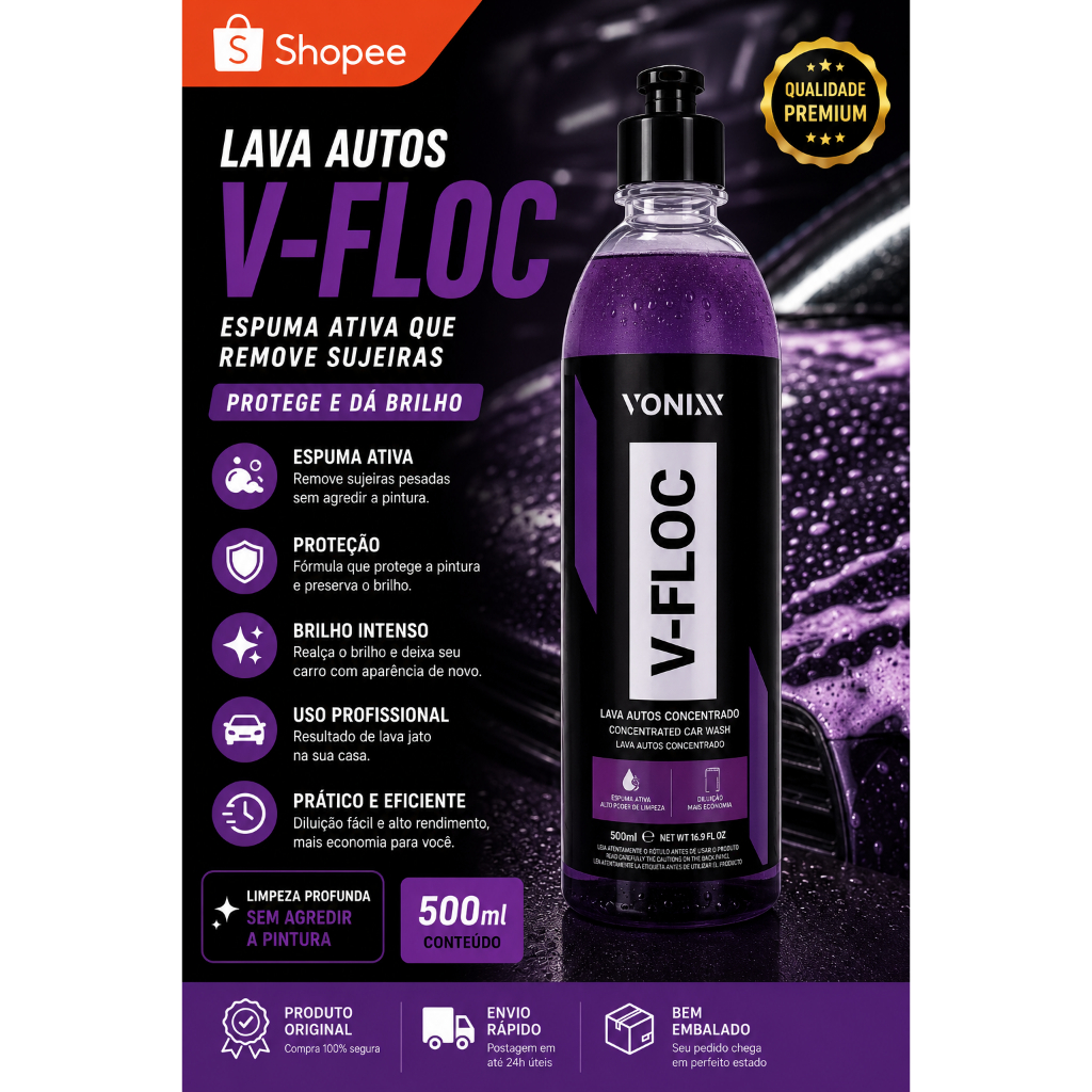 Shampoo Automotivo Concentrado Neutro Vonixx V-floc 500ml Brilho