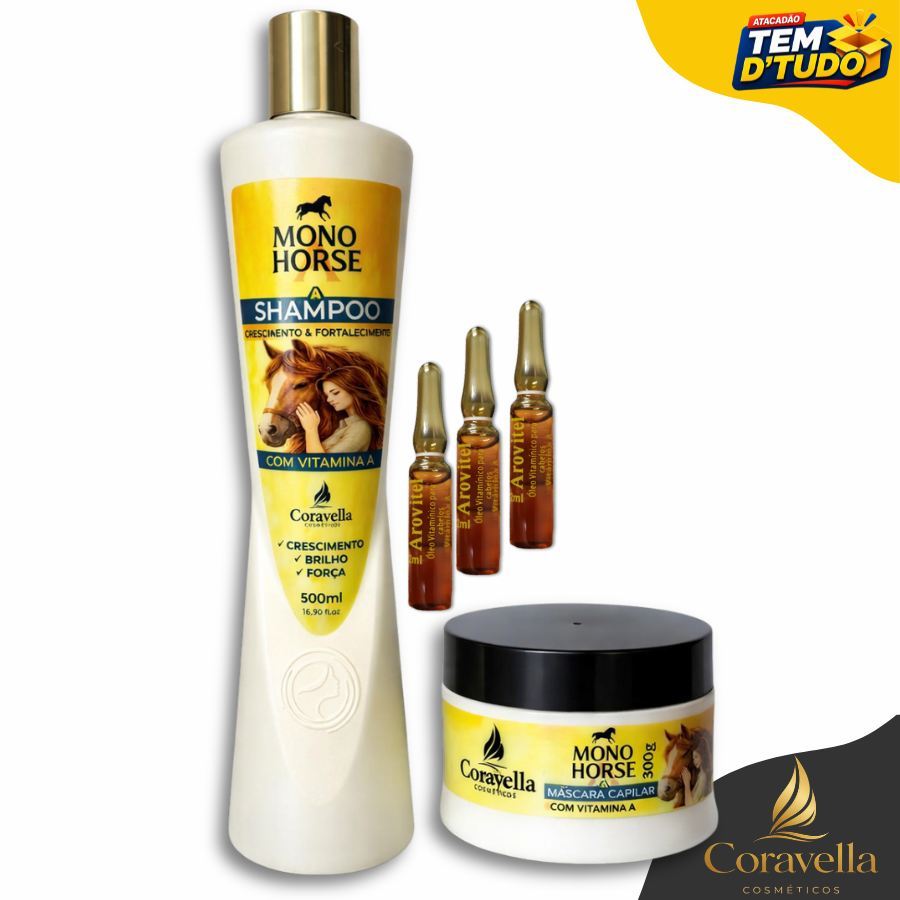 Kit Mono Horse A Shampoo + Máscara + 3 Vitamina A Arovitel 2ml Shampoo de Cavalo Uso Humano