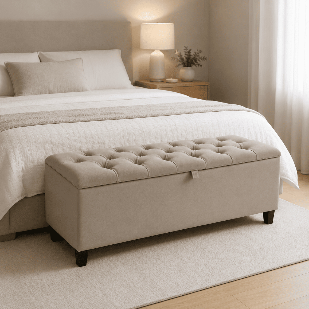 Recamier Baú Estofado 1,20m Banco Decorativo com Assento Capitonê Sapateira Organizador Moderno