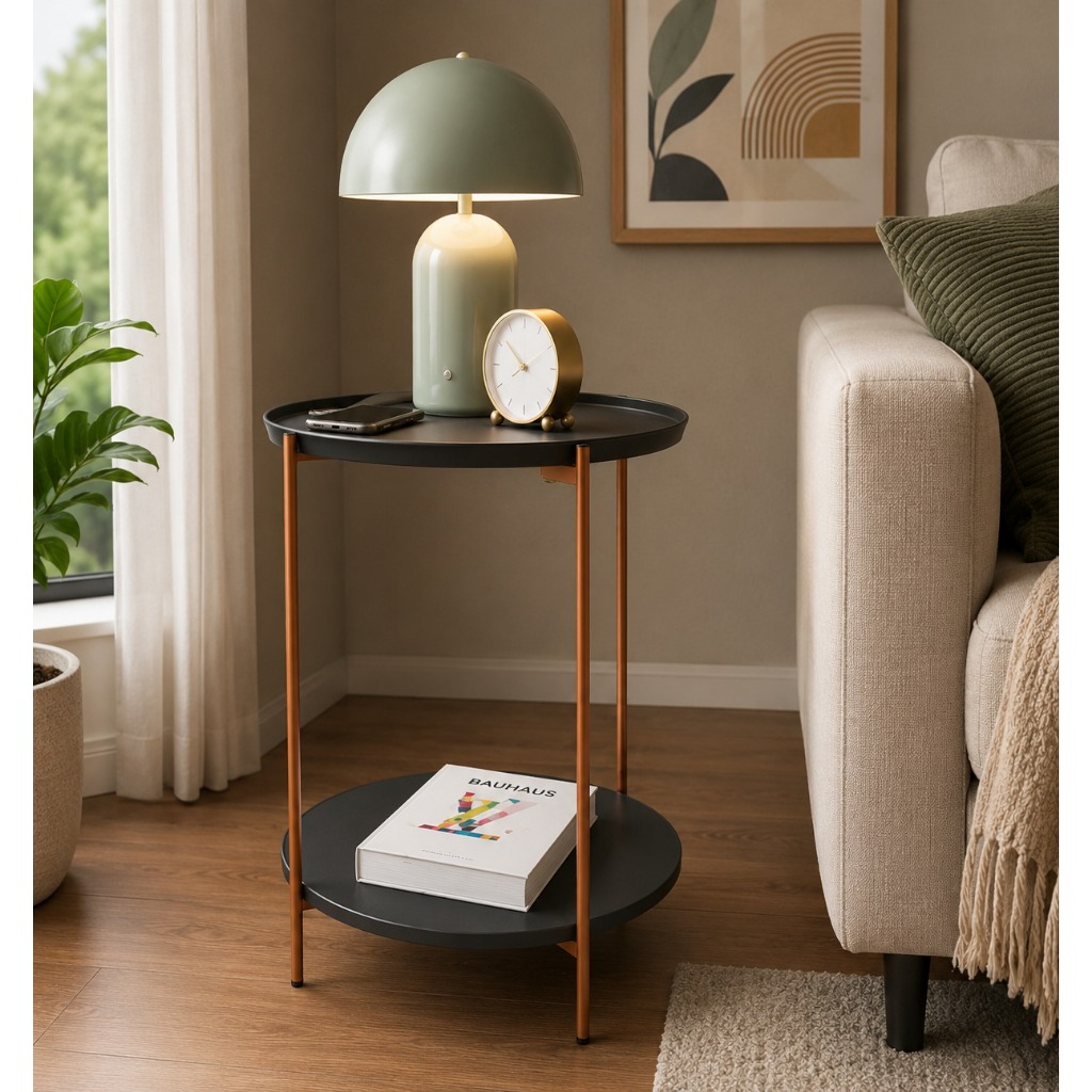 Mesa Lateral Preta Duda com Tampo e Pés de Ferro Bronze para Sala Mesa de Apoio para Sala