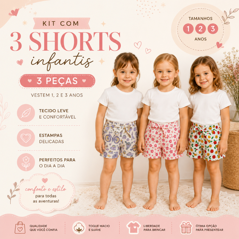 Kit 3 Shorts Infantil Menina Estampado Tamanho 1 2 3 Anos Shortinho Infantil Feminino Sortido |1878| Pronta Entrega