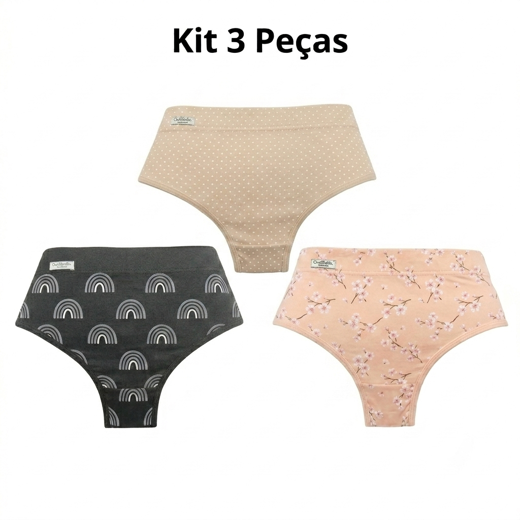 Kit 3 Calcinhas Segura Barriga Cós Alto Cintura Rebatida Redutora de Medidas  Lingerie Confortável