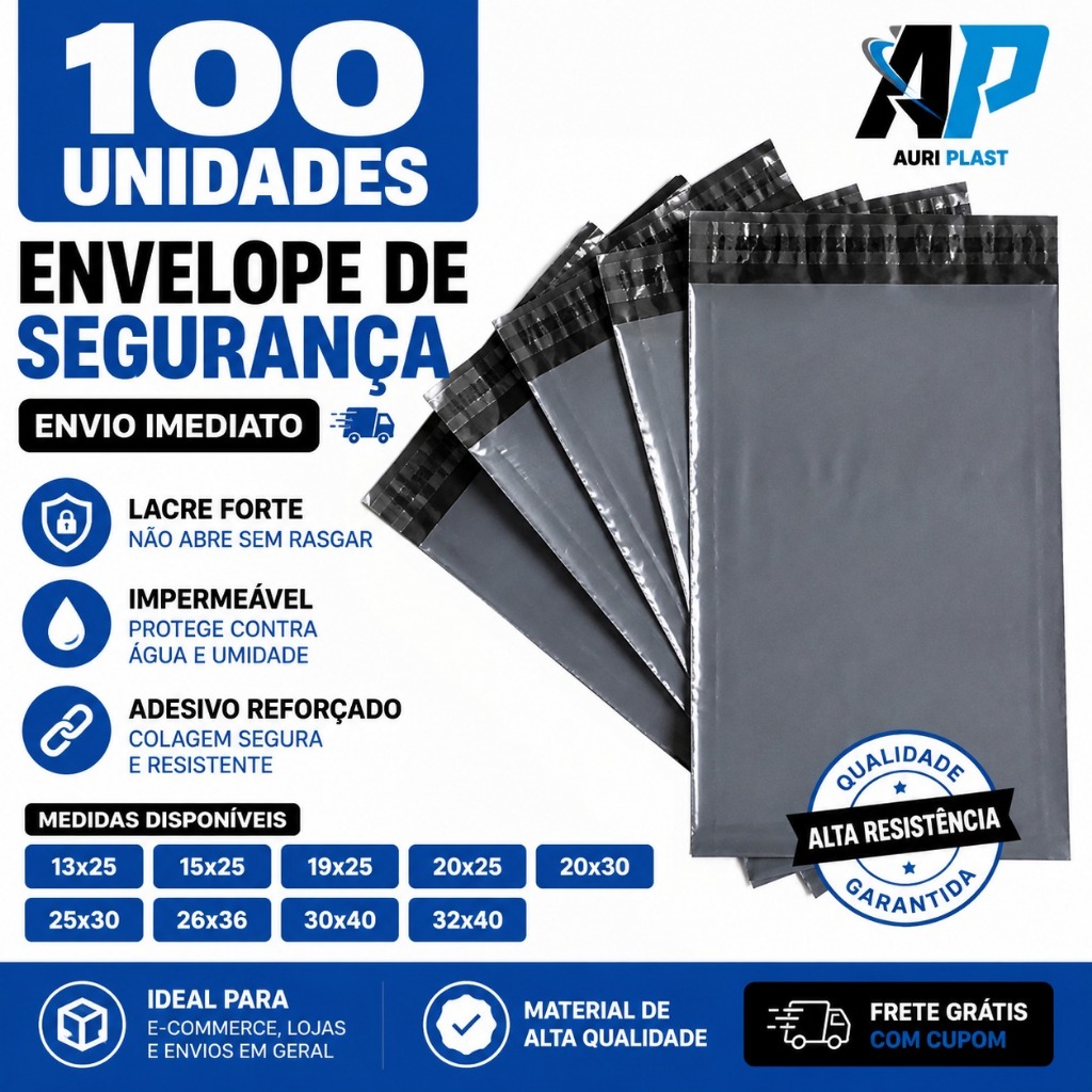 Kit 100 - Envelope Segurança SEDEX PAC Cola Hot Melt Inviolável Impermeável Lacre Permanente