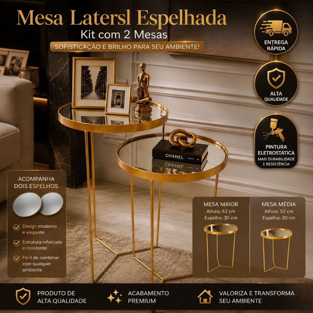 Mesa Conjunto Espelhada Kit Com 2 Mesas