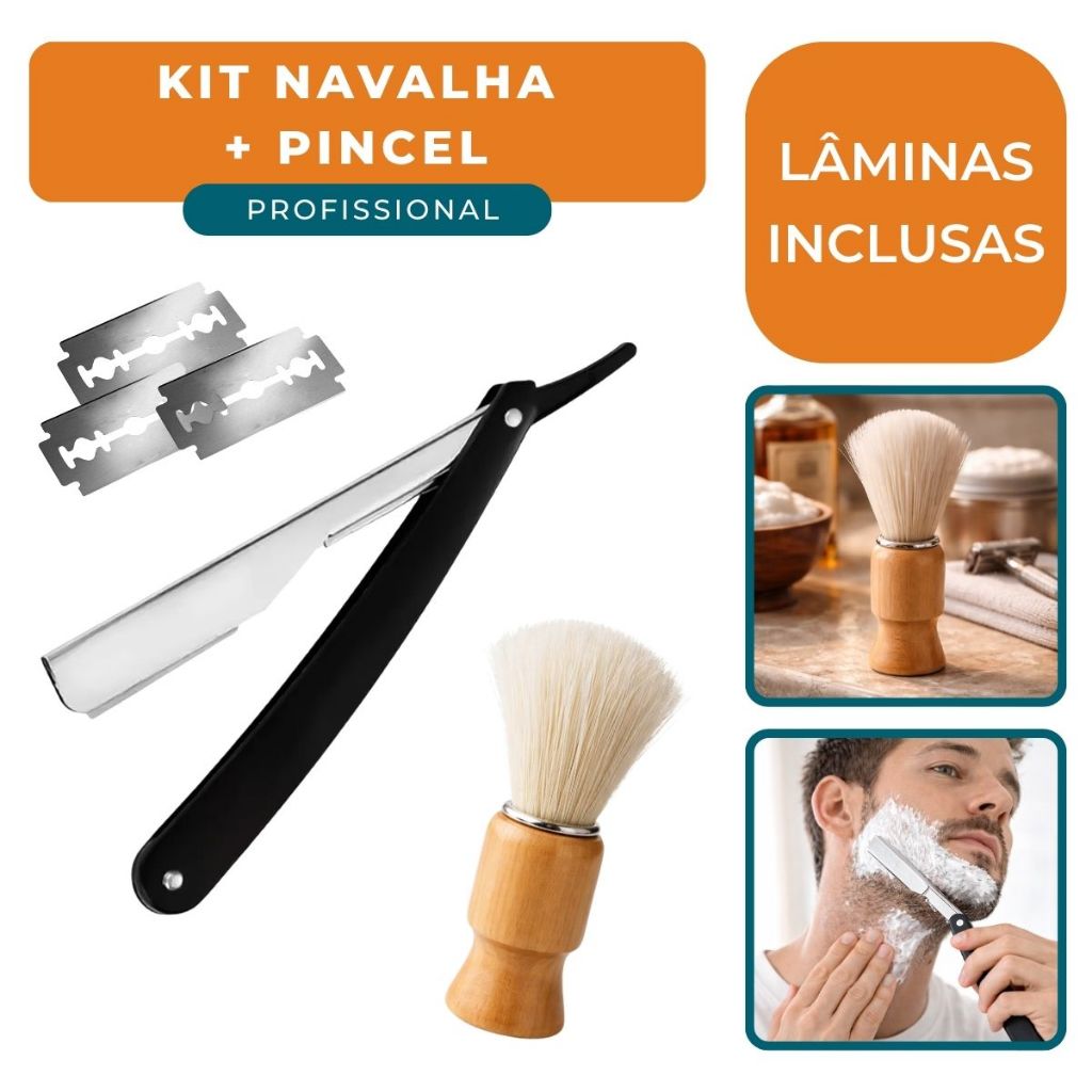 Navalha e Pincel de Barbear Profissional Barbeiro Com Laminas Inox Acabamento