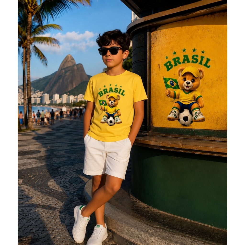 Camiseta Unissex Infantil Amarela Ursinho do Brasil Camisa Algodão Fio 30.1 Blusa Futebol Torcida