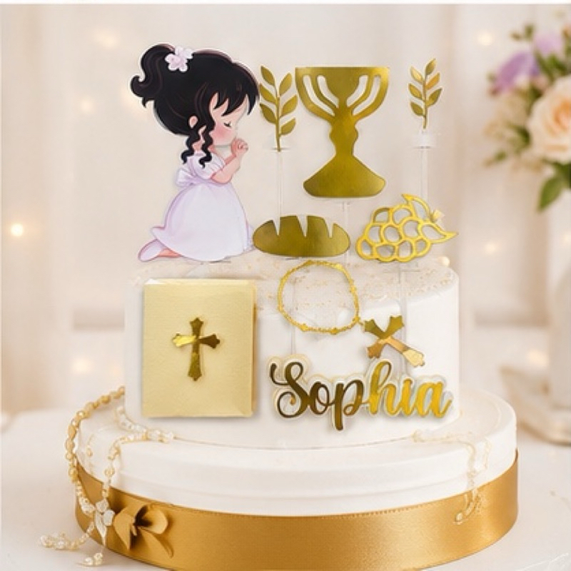 Topo de Bolo Primeira Eucaristia Personalizado Menina Decoração Festa Comunhão