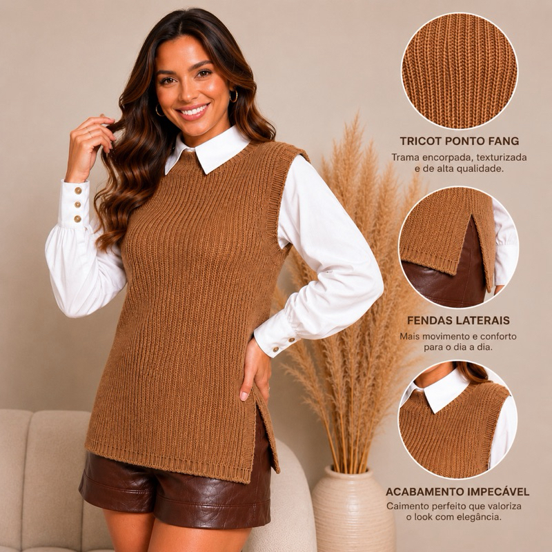 Colete Feminino Tricot Fang Outono Inverno Tricô Pullover Moda Blogueira Colete Feminino