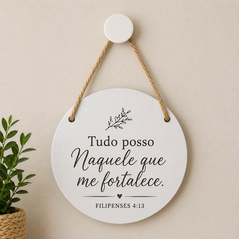 Kit Placa Decorativa Cristã + Suporte Redondo MDF Branco | Filipenses 4:13 Decoração Sala Quarto Hall