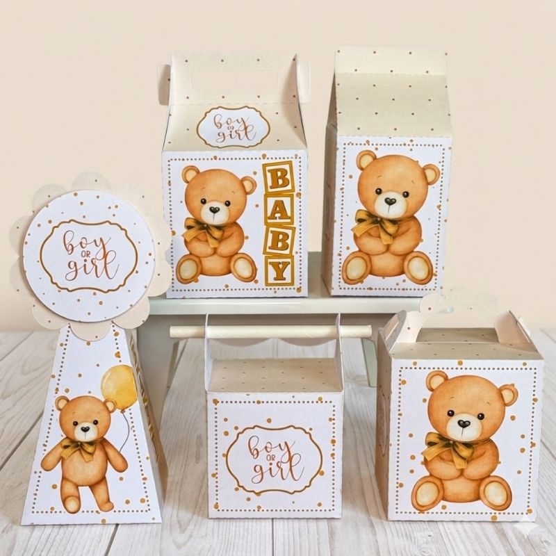 Kit caixinhas personalizadas - CHÁ REVELAÇÃO|CHÁ DE BEBÊ  URSINHO NEUTRO- Monte sua Festa - lembrancinha Pegue e Monte
