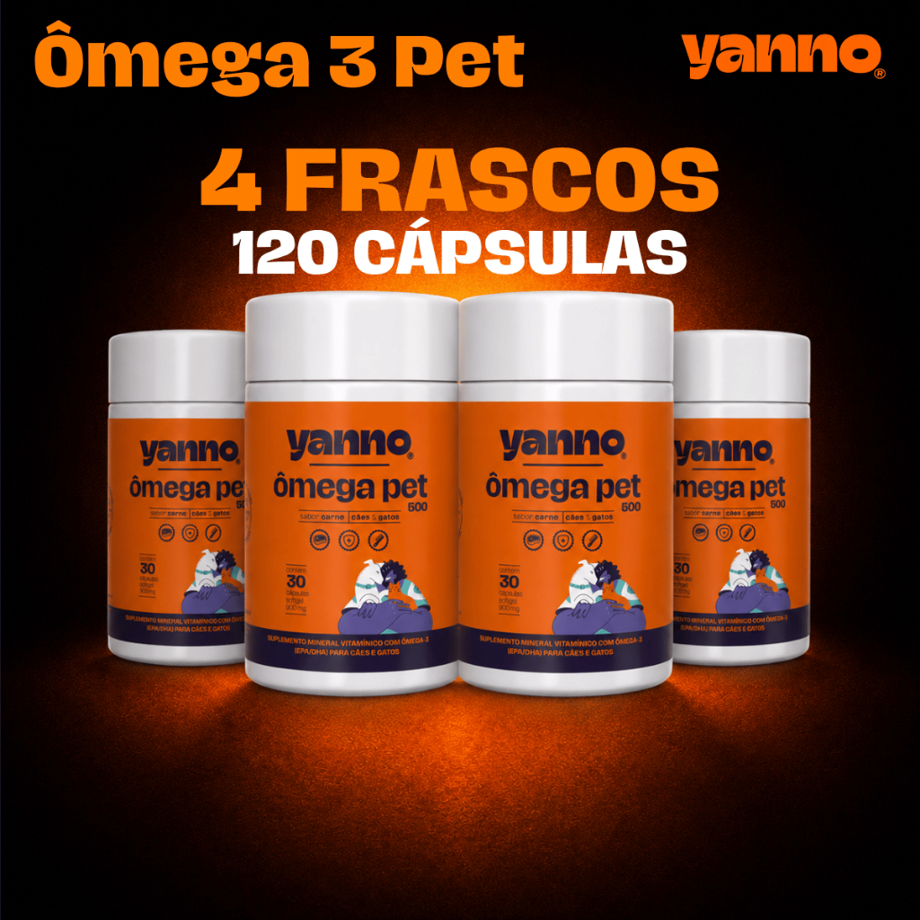 Ômega 3 Pet Concentrado 120 Cáps Cães e Gatos Reduz Queda Coceira  EPA + DHA, Vit A e E  Sabor Carne