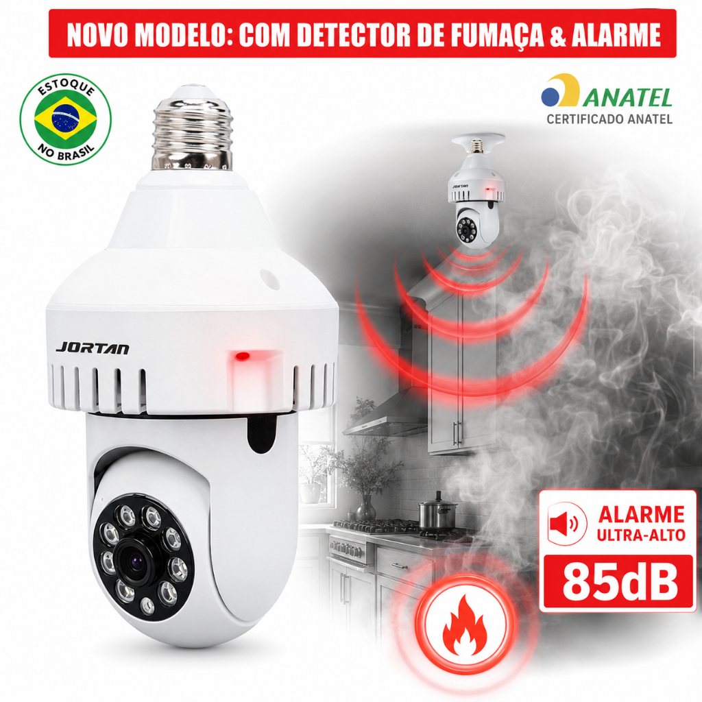 Câmera Segurança Wifi Lampada Jortan 360 Full HD Sensor Fumaça Visão Noturna Yoosee Alarme