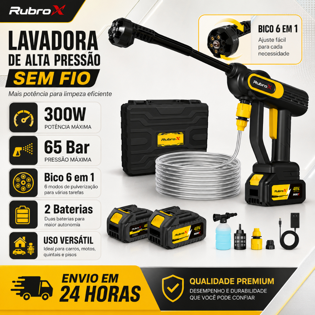 RubroX Lavadora Portátil Sem Fio 300W com 2 Baterias e Bico 6 em 1 Uso Para Carro Jardim e Casa