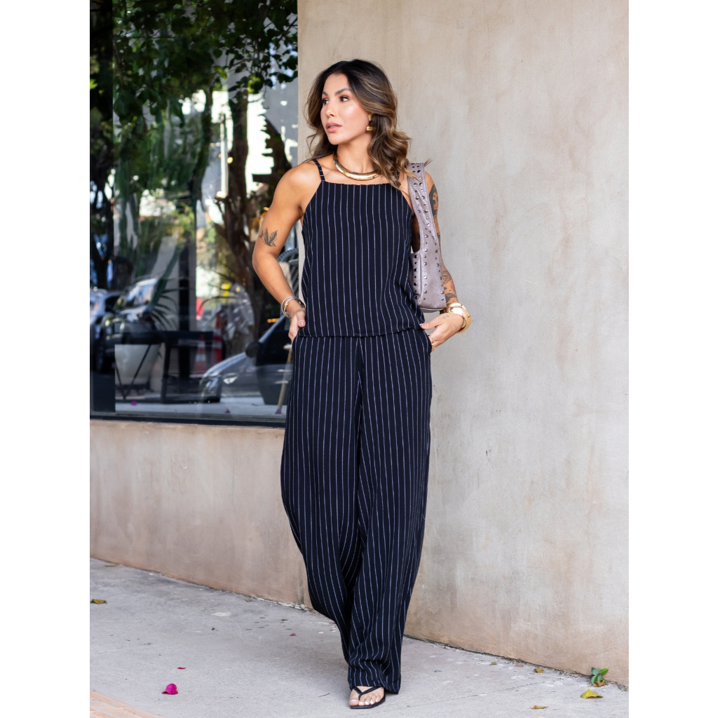 2 Peças Conjunto Feminino Riscado Blusa Alças Finas e Calça Pantalona Elegante Viscolinho Confortável P ao GG