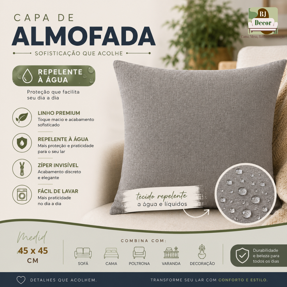 Capa de Almofada Repelente à Água 45x45 Linho - Decorativa Zíper Invisível