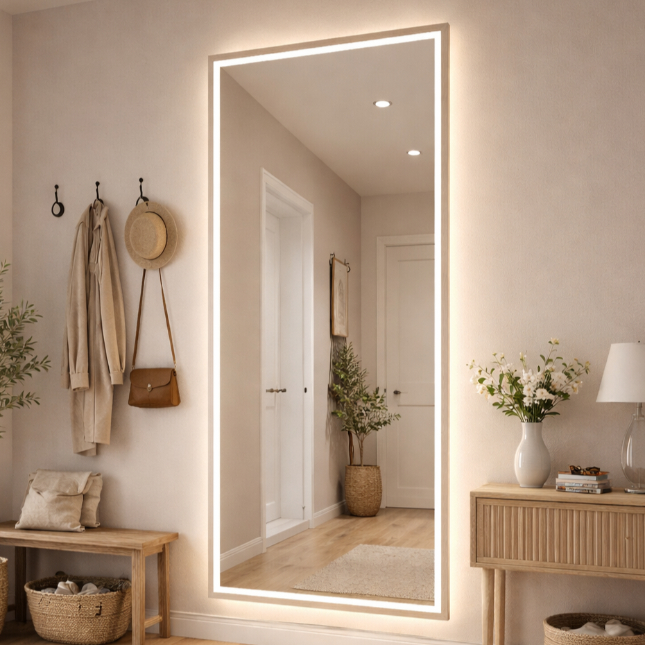Espelho Grande Retangular de Corpo Inteiro 120x60 Jateado com LED 3 Cores com Botão Touch Lapidado