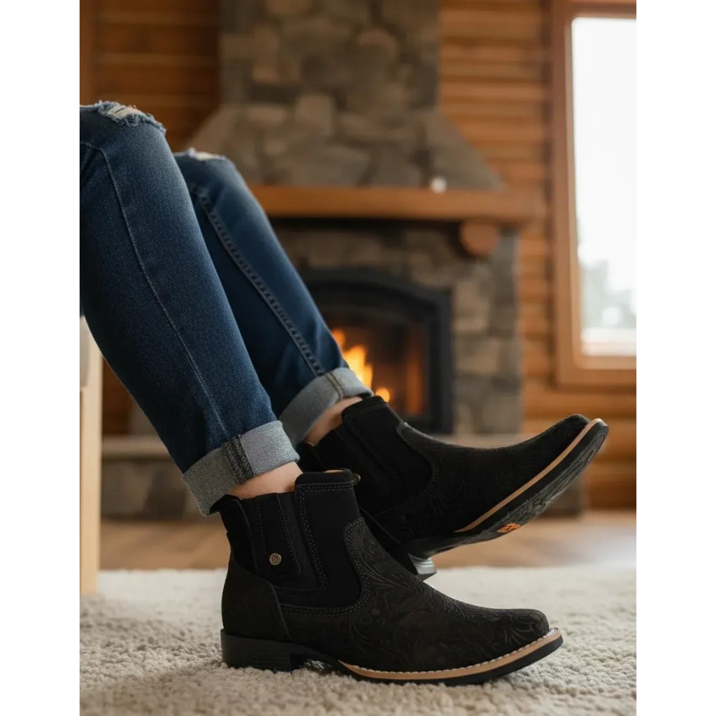 Botina Feminina Zebu 71126 Bota Nobuck Preto Bordada Country Bico Quadrado Couro Premium