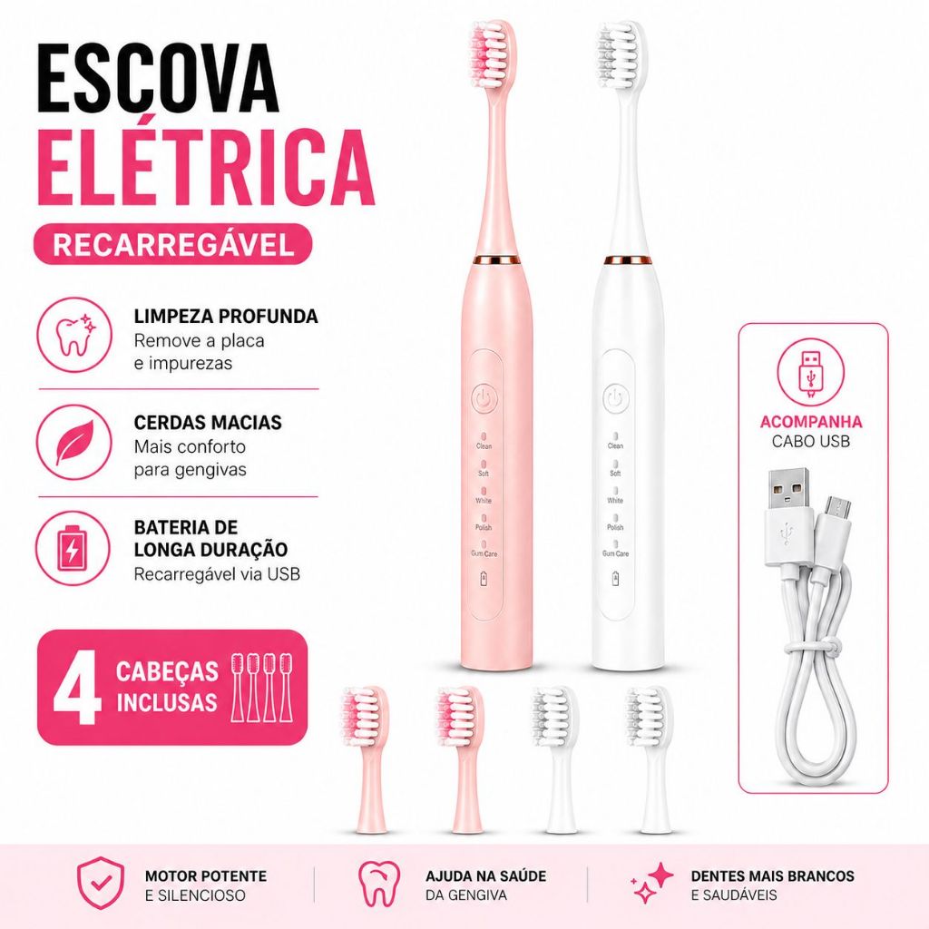 ESCOVA DE DENTES ELÉTRICA SONICA RECARREGÁVEL USB - X - 3