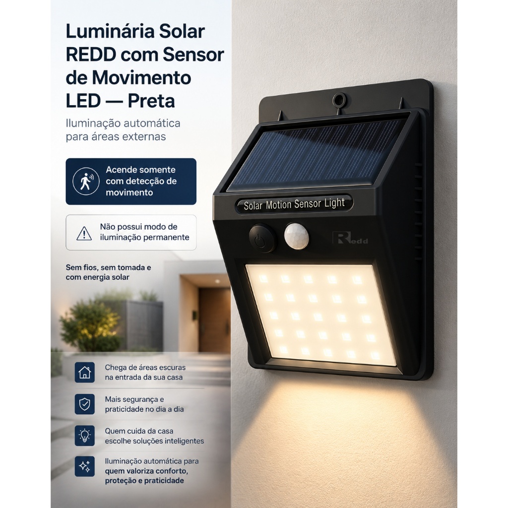 Luminária Solar LED Arandela Com Sensor de Movimento Para Parede Externa Sem Fio REDD Preta 3,7W