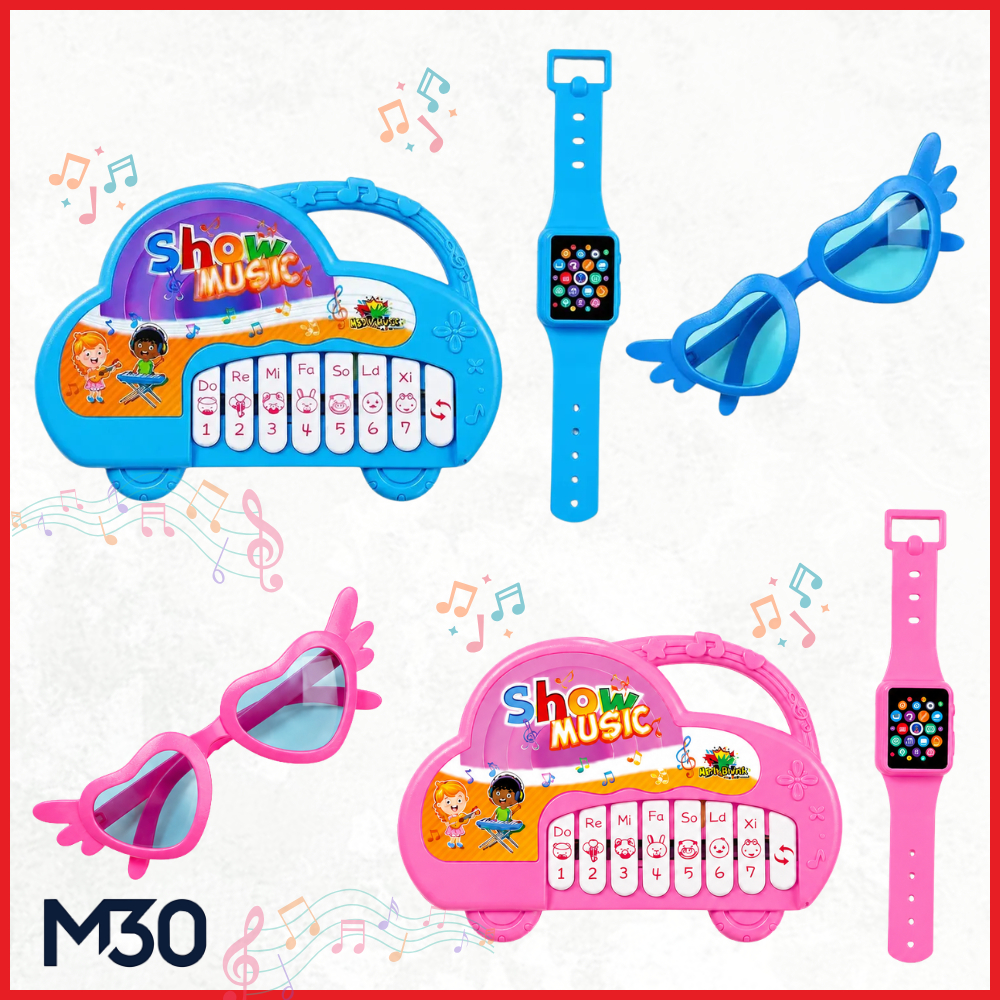 Piano Musical Infantil Art Brink Rosa + Óculos e Relógio – Brinquedo Sonoro