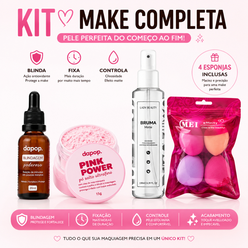 Kit Make Completa Blindagem + Bruma Lady Beauty + Pó Rosa + 4 Esponjas Lacradas Higienizadas