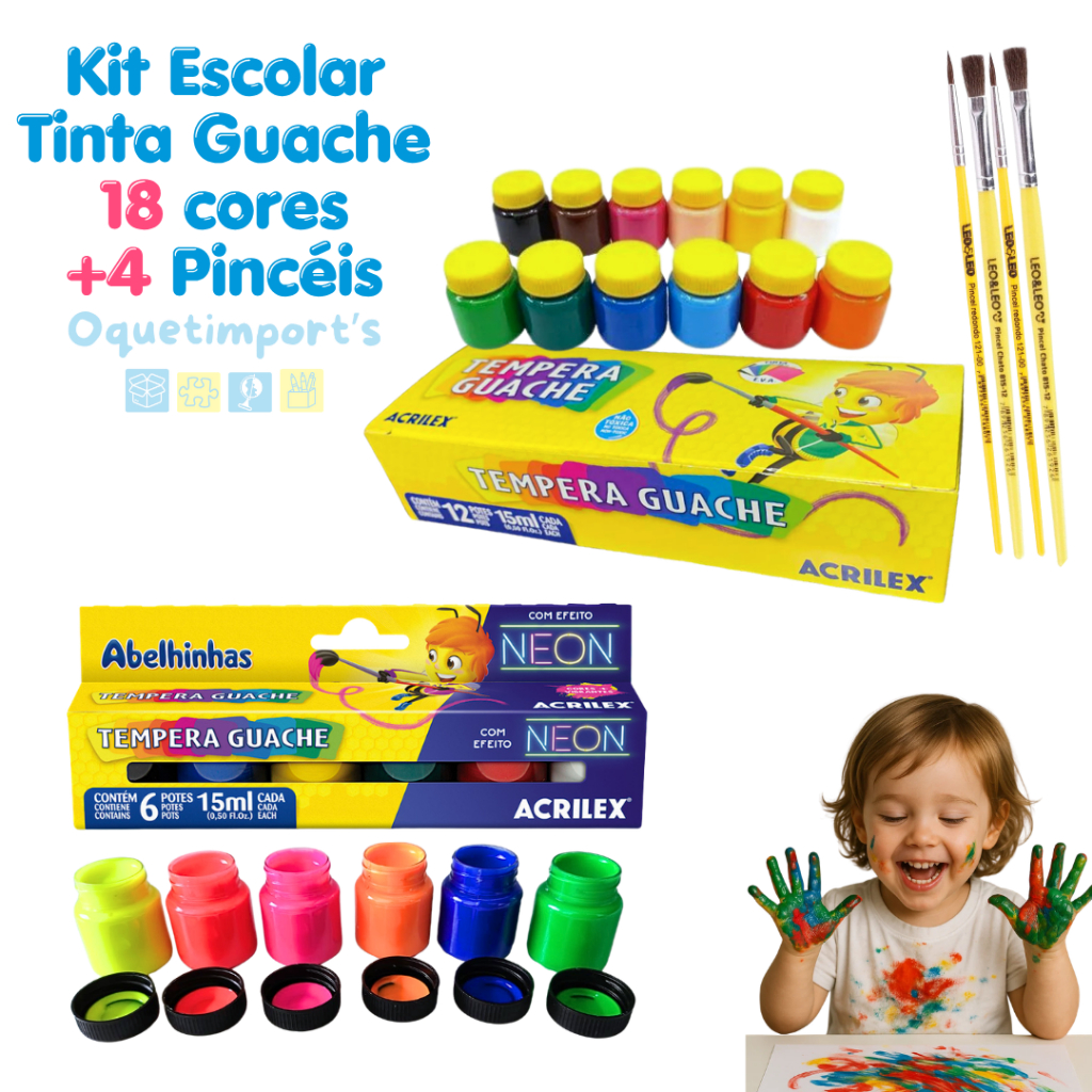Kit Pintura Escolar Acrilex Tempera Guache 12 cores + Tinta Neon 6 Cores Com 4 Pincéis