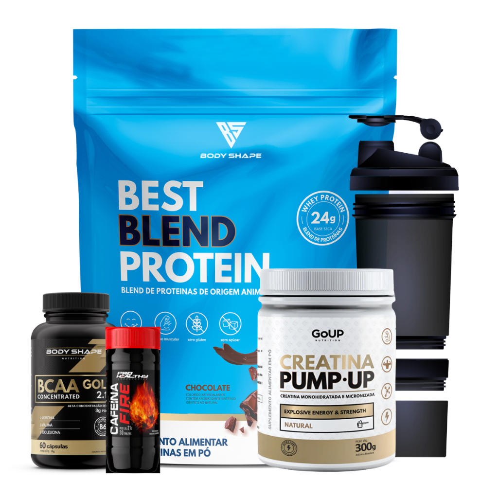 Whey Protein Best Blend 900g + Creatina + Bcaa Gold + Termogênico + Coqueteleira com Repartição
