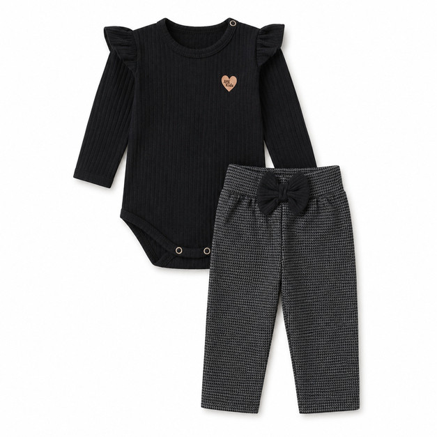 Conjunto Bebê Menina Body Canelado Preto Calça Pied de Poule Manga Longa Inverno Quentinho Ame Kids