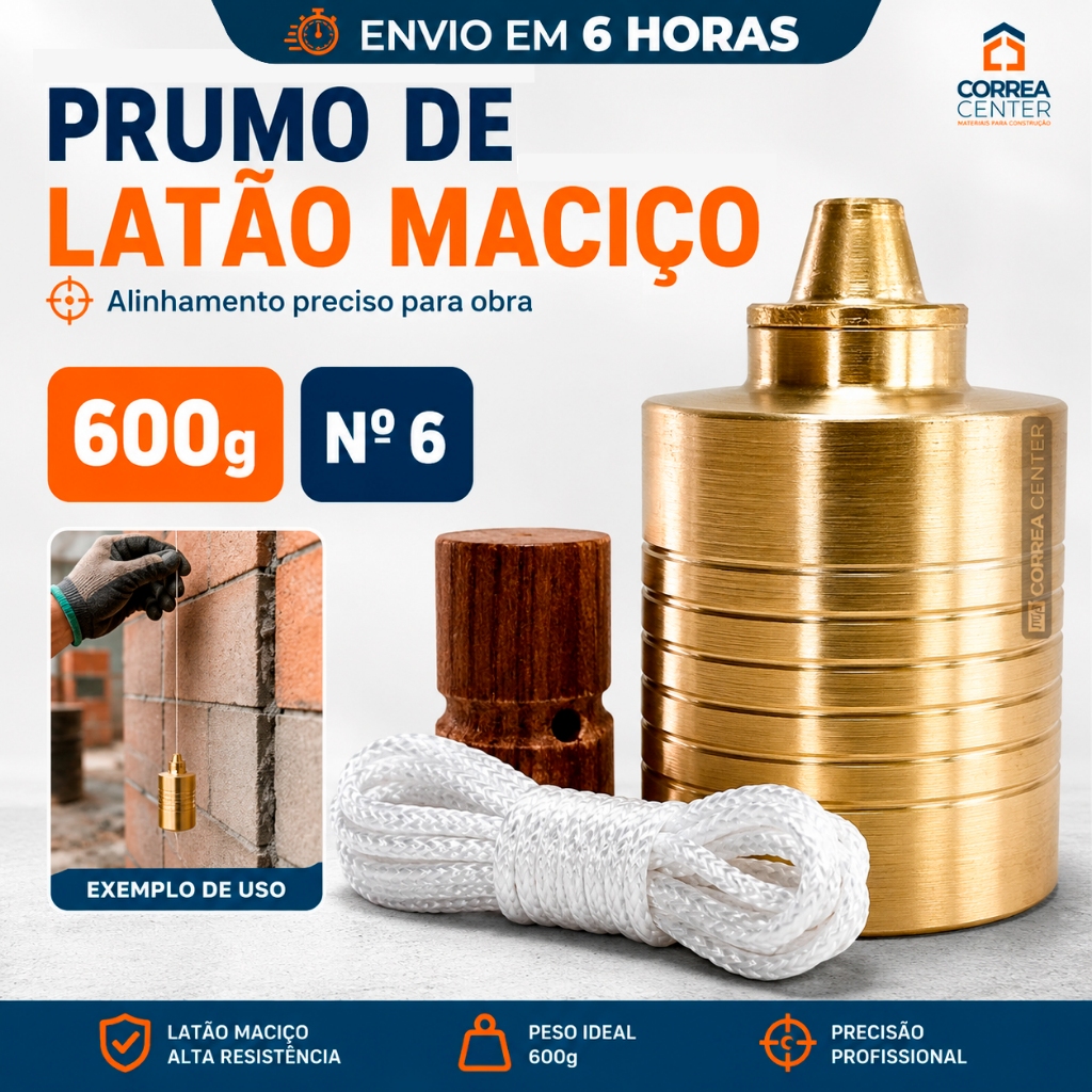 Prumo Pedreiro Latão Latao Maciço N6 600g Construção Civil Alvenaria Alinhamento Parede Cordão Linha