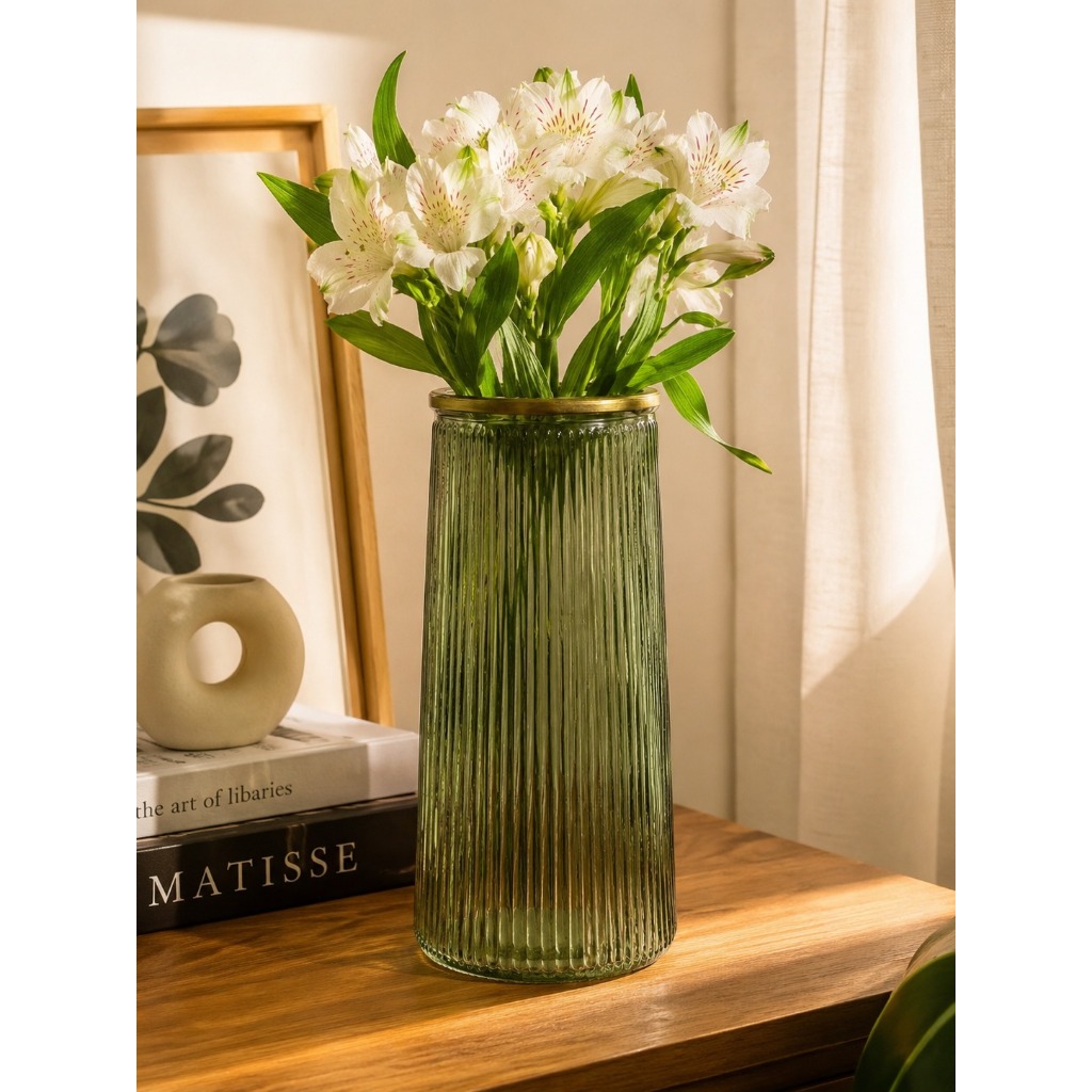 Vaso Vidro Decorativo Verde Borda Dourada Vaso Elegante Flores Decoração Mesa Posta Arranjo Aparador