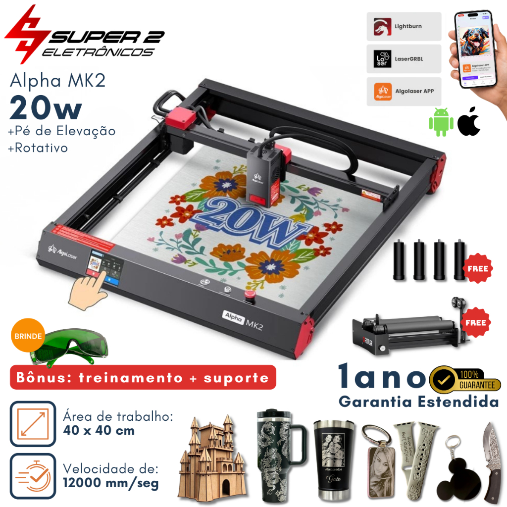 Kit Máquina a Laser AlgoLaser Alpha MK2 20W Grava e Corta a Laser 40x40mm + Suporte e Treinamento