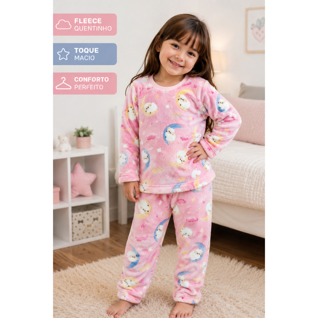 Conjunto Infantil  Fleece Blusa e Calça com Punho Quentinho para o Frio / Pijama