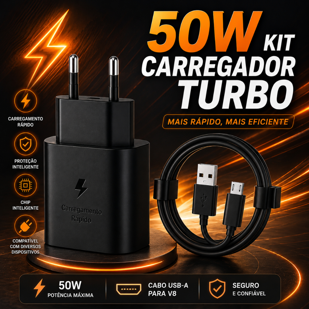 Kit Carregador Universal Cabo e Fonte Turbo 50W V8 Micro-USB Cabo Reforçado Para Celular Tablet Android