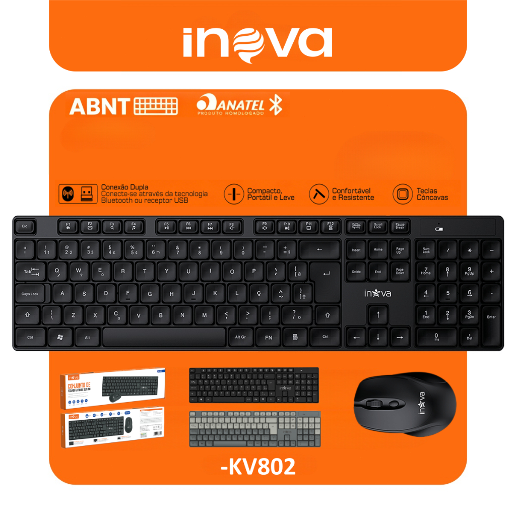 INOVA Kit Teclado Mouse Bluetooth Ultrafino Silencioso Sem Fio Recarregável USB-C ABNT2 Compatível Windows Android iOS