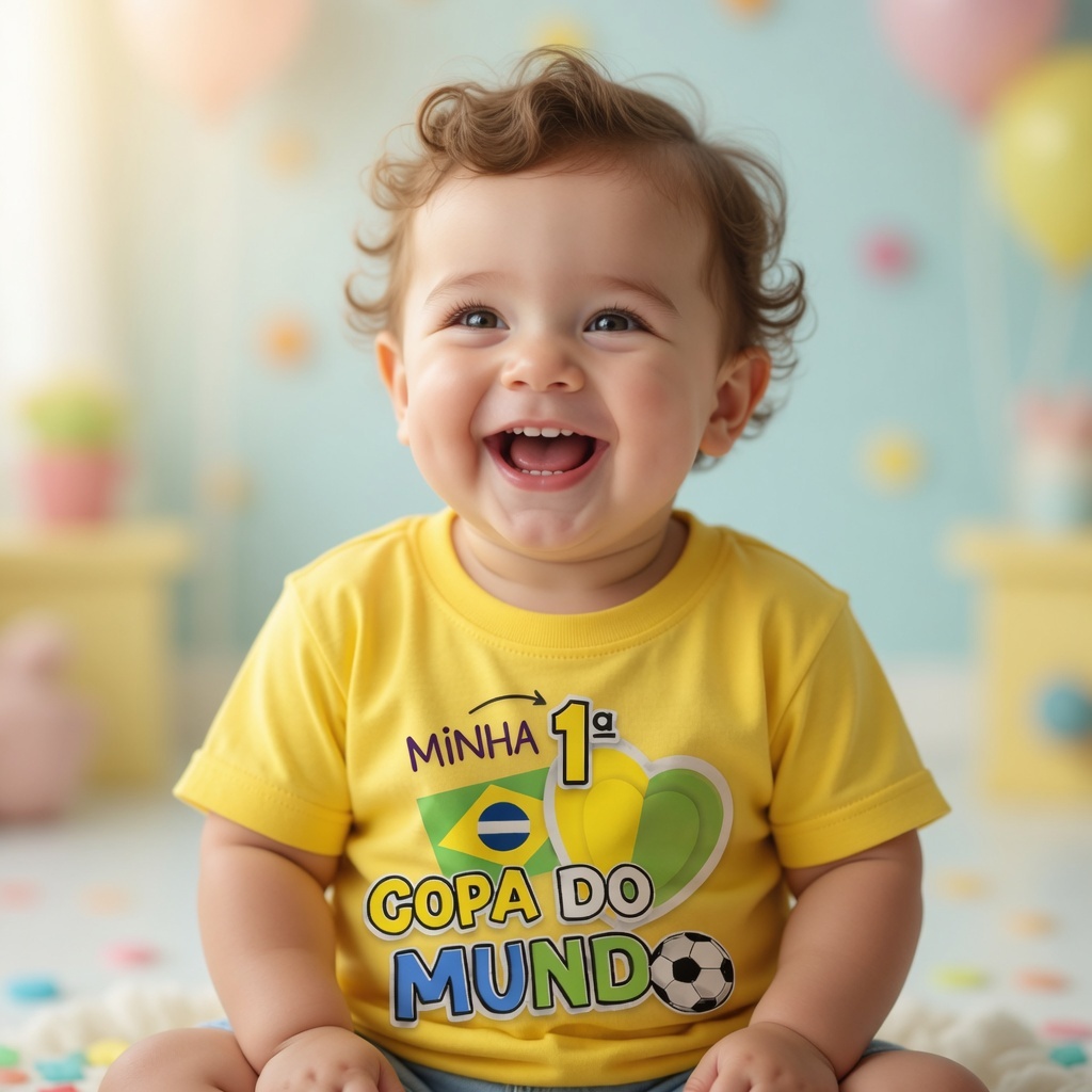Camiseta Infantil Minha 1ª Copa do Mundo Brasil 100% Algodão Camisa Bebê Copa Futebol Torcedor
