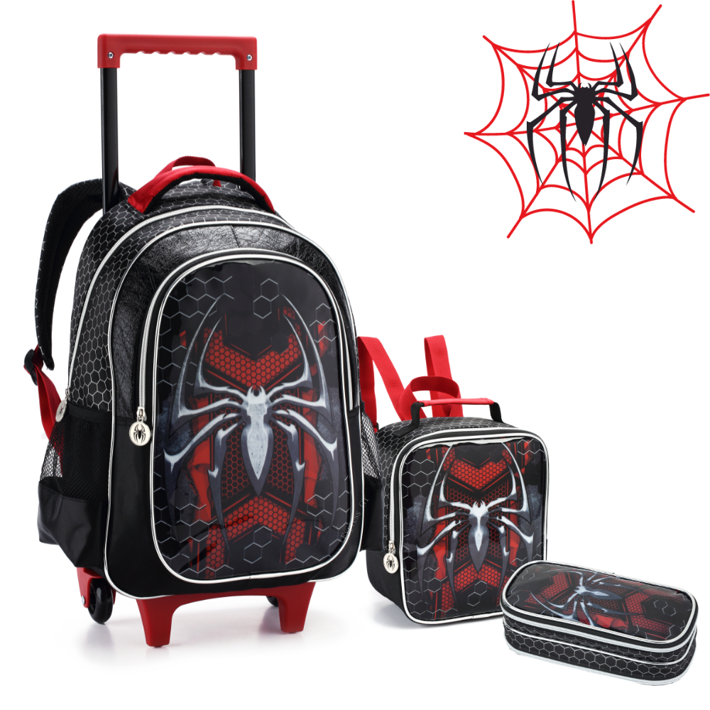 Mochila Infantil Menino Rodinha Spider Aranha Dark Kit Escolar Grande com Lancheira Térmica e Estojo Duplo Reforçado