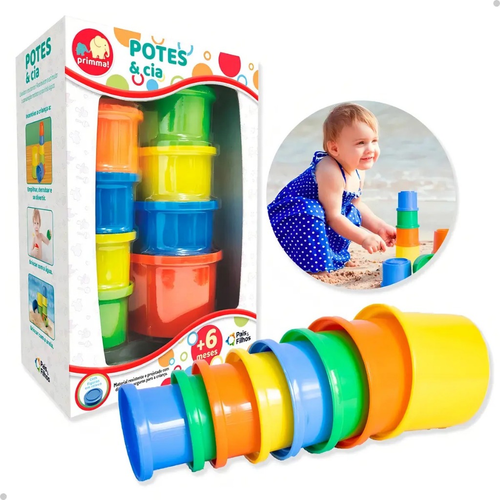 Pais & Filhos brinquedo infantil potes de empilhar e encaixar para bebé