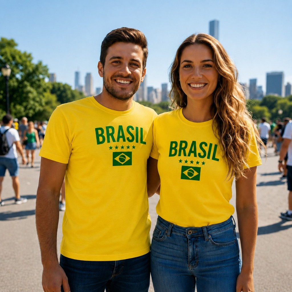 Kit Casal Seleção Brasileira – Camisetas “Brasil & Copa & Você & Eu” | Ideal para Torcer Juntos