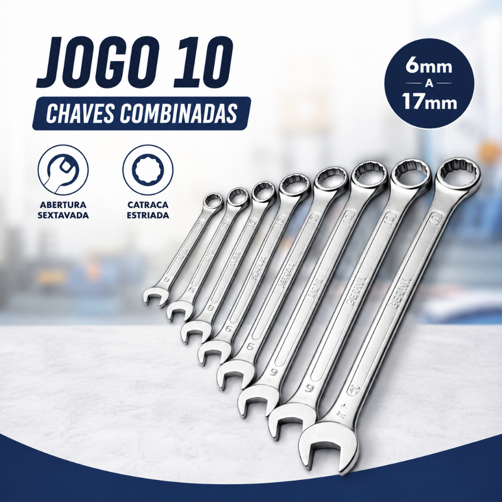 Jogo Chaves Combinada Boca Estrela Kit 10 Peça 6 A 17MM Ferramenta Oficina Mecanica