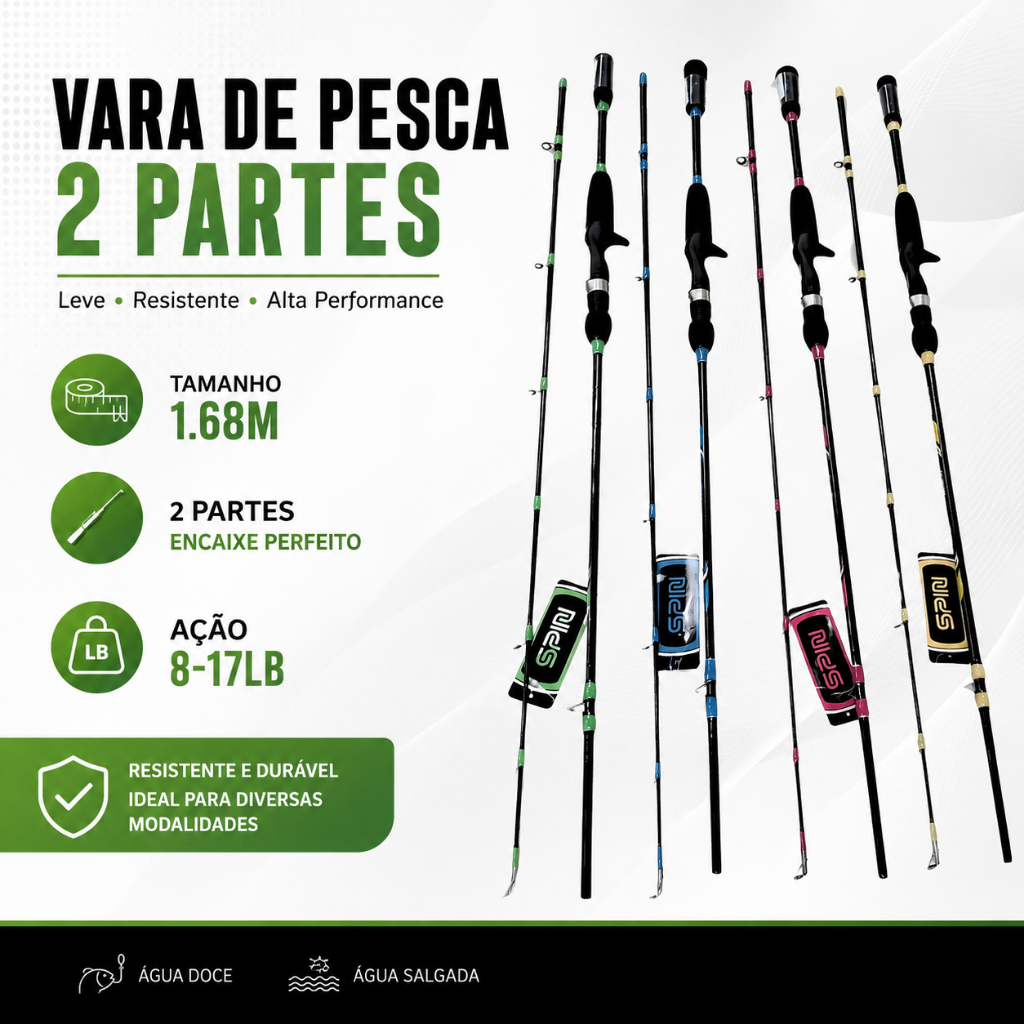 Vara Plusfish Spin Carretilha 1,68m 8-17lb 2 Partes 8 Guias