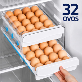 Gaveteiro Duplo em Plástico Tipo Porta 32 Ovos com Gaveta para Cozinha Geladeira