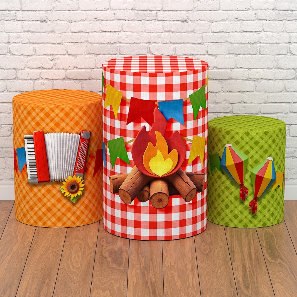 Trio Capa Cilindro Festa Junina Em Tecido Sublimado Veste Fácil C/Elástico 3D De