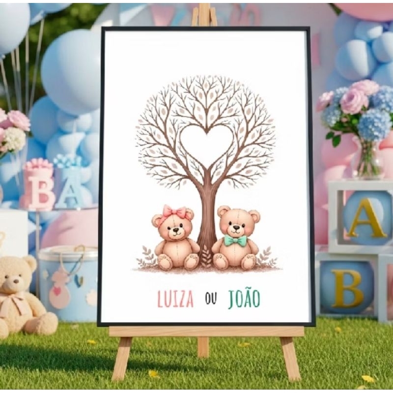 Quadro Chá Revelação Menino E Menina Árvore Ursinho Personalizado Com Nome